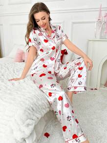 Satin-Like Heart Print Shawl Collar Cardigan Pajama Set