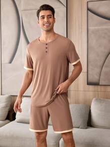 Contrast Trim Decor Button Casual Crew Neck Short Sleeve Shorts Set Pajamas For Men - Brown - View 2