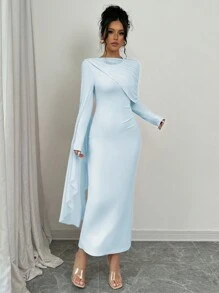 Elenzga 女士纯色简约休闲优雅垂褶长袖褶皱连衣裙长款女装 - 藍色 - 查看 4