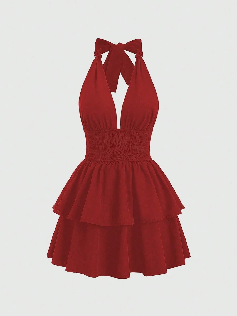 Sweetra Tie-Neck Simple Shirred A-Line Dress, Casual Daily Wear Y2K Outfit Christmas Holiday Party Dress 