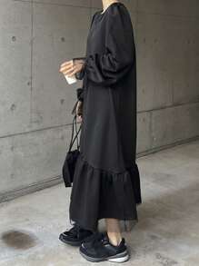 FRIFUL Women's Solid Color V-Neck Lantern Sleeve Mid-Length Mesh Splice Dress,Fall Dress Long Sleeve Dress - Black - View 6