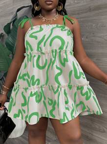 Slaydiva Plus Size Women's Loose Smock Dress, Multi-Layer Patchwork, Adjustable Knotted Shoulder Straps, Artistic Print, Mini Summer Dress For Vacation, Casual, Party