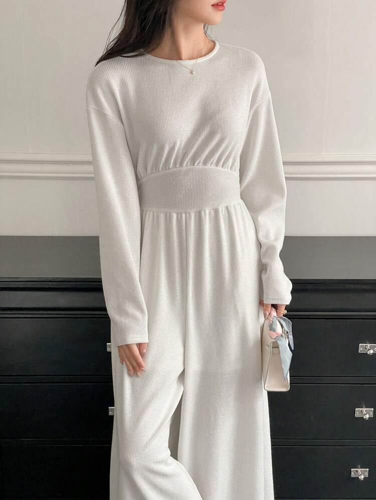 Women's Elegant Elegant Solid Color Round Neck Long Sleeve Loose Jumpsuit Lounge Sets For Women