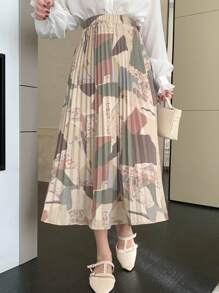 DAZY Geometric Print Pleated Elastic Waist Women's Skirt