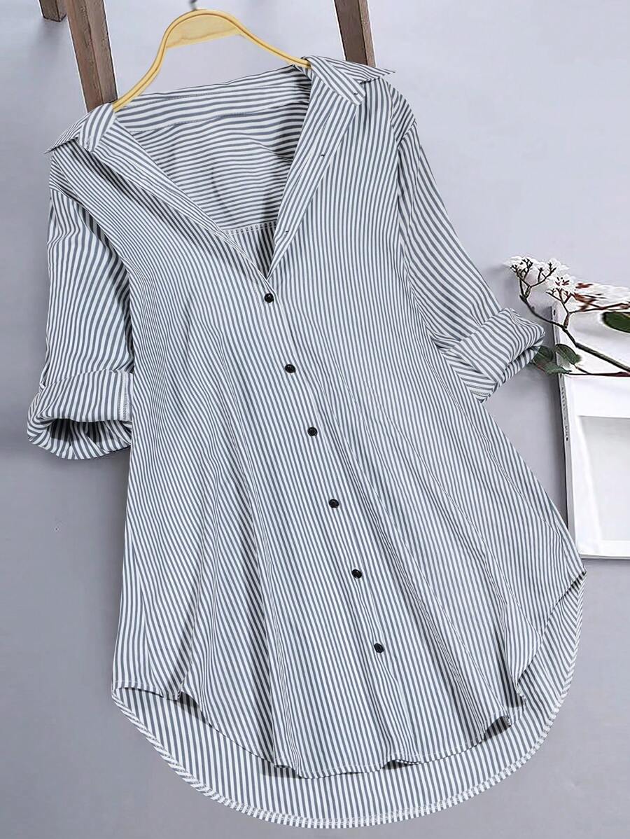 EMERY ROSE 大碼條紋圖案弧形下擺襯衫洋裝