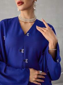 Al Najma 女士植物图案蝙蝠袖宽松长款优雅土耳其连衣裙，朴素的卡夫坦 - 藍色 - 查看 7