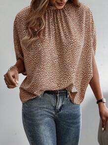 SHEIN Clasi Women Leopard Print Stand Collar Split Sleeve Loose Fashion Blouse - Multicolor - View 5