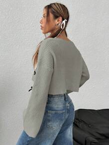 Flirla V-Neck Loose Casual 3D Bow Knitted Sweater Fall Winter - Grey - View 2