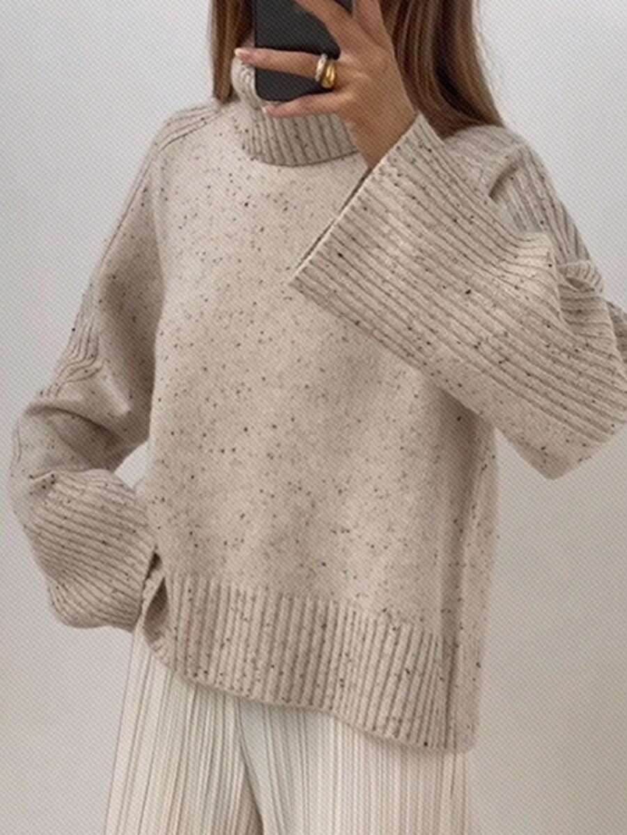 SHEIN Essnce 高领落肩毛衣,女士冬季休闲长袖常规版型落肩套头衫女式毛衣,秋冬 - 米色 - 查看 1