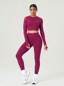 SHEIN Sports 女士热粉色无缝镂空长袖和长裤运动运动服女士适合日常锻炼和健身情人节 - 玫紅色 - 查看 2
