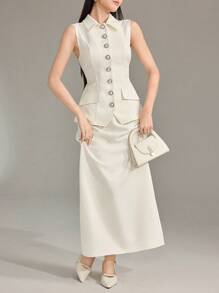 Heiryn 2pcs Women's Sleeveless Solid Color Vest Top And Skirt Set - Apricot - View 6