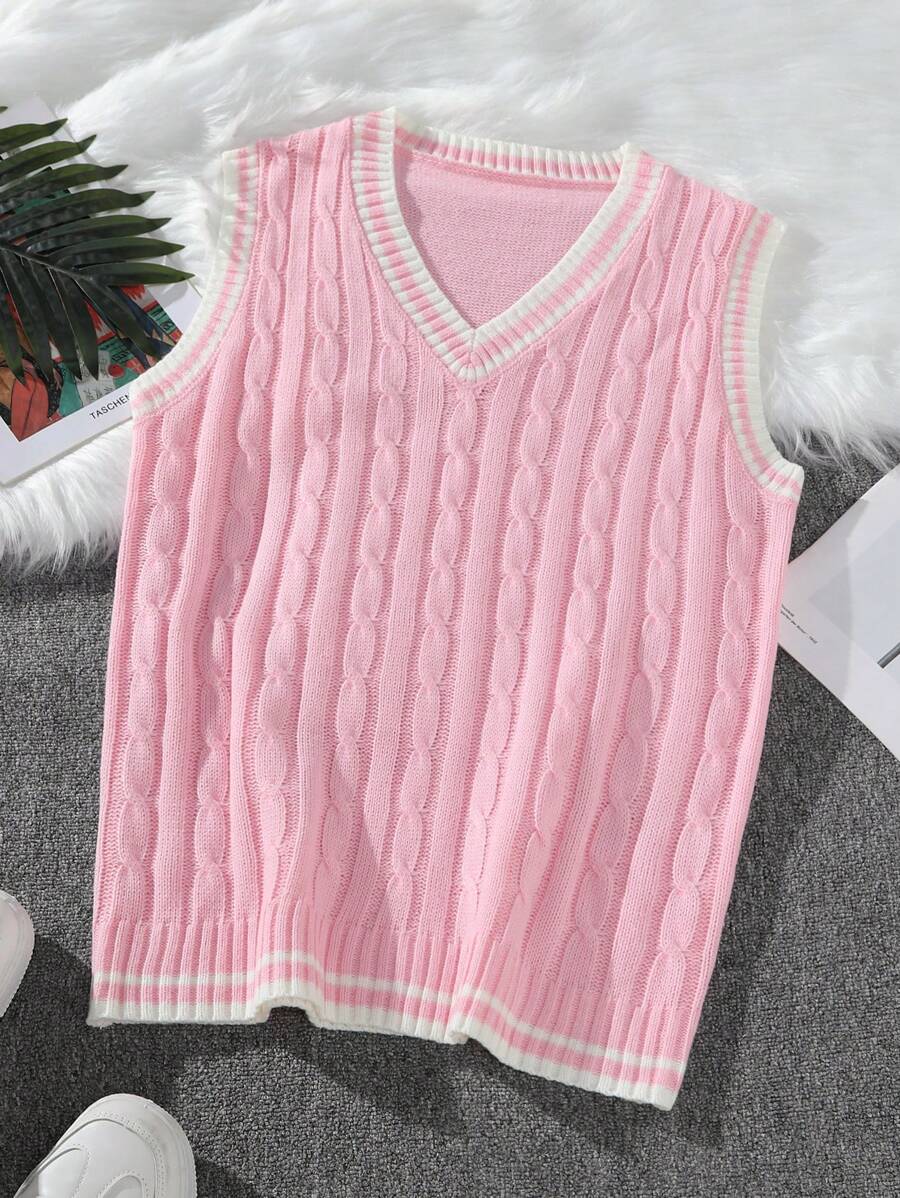 Claim Dot Contrast Binding V Neck Casual Sweater Vest For Men, Standard Size, For Fall Winter