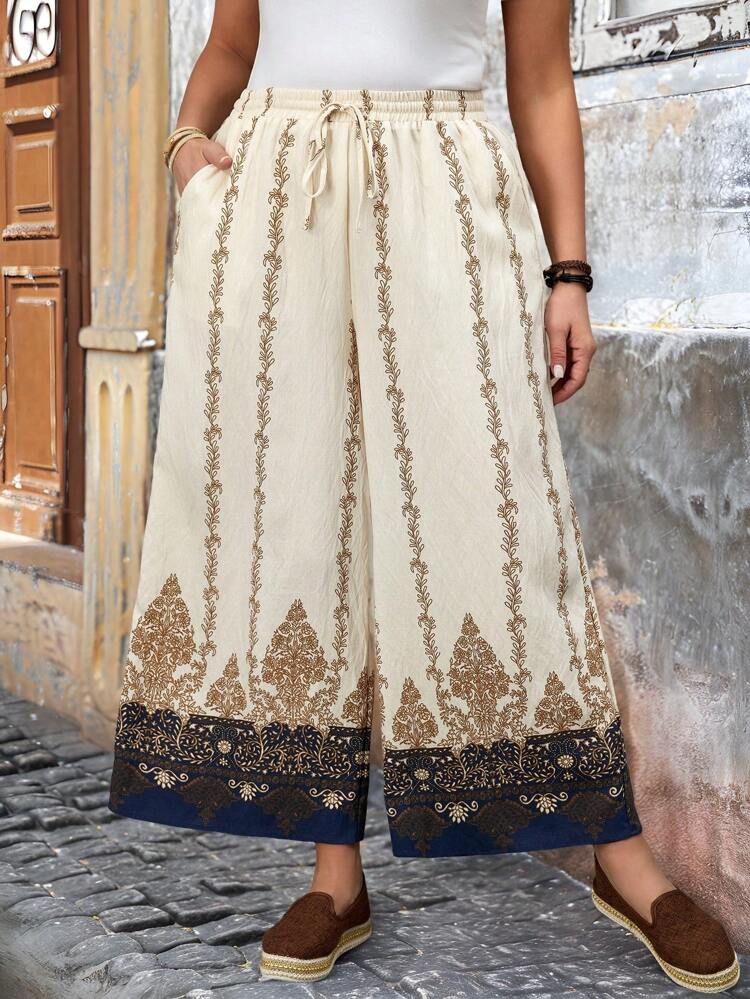 Plus Size Women's Floral Print Belted Wide Leg Loose Pants, Holiday,Vacation Outfits,Spring/Summer,Resort Wear Women