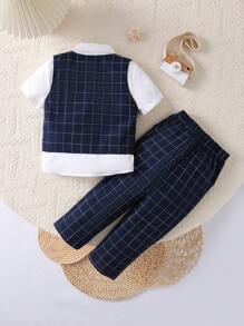 3 件套年轻男孩有领纯色短袖衬衫、格子背心、梭织长裤 3 件套绅士西装套装，适合儿童服装、男孩服装、返校、校服、幼儿园、生日派对、晚会、婚礼、洗礼、开学典礼、日常、旅游、运动、秋冬季