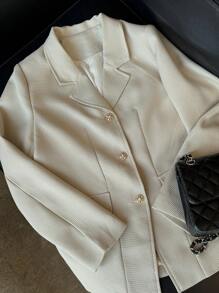 DAZY Solid Color Pocket Snap Button Women Blazer, Fall Clothes Business Attire - Apricot - View 8