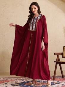Al Najma Women's National Flower Patchwork Shoulder Sleeve Kaftan & Traditional Long Dress, Modest - Burgundy - View 7