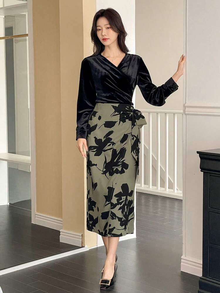 Elegant Printed Asymmetric Design Ladies' Skirt Floral