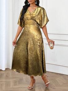 SHEIN Lady Festtagskleid für Geburtstagsfeiern, Hochzeitsgäste/Partys/Festlichkeiten, goldfarbenes einfarbiges A-Linien Kleid mit Fledermausärmeln, Ballkleid, metallisches Kleid, elegante Damenkleider