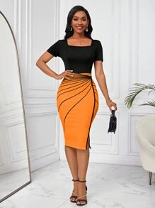 SHEIN Lady Women's Elegant Commuting Color Block Patchwork Bodycon Dress - Orange - View 6