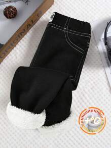 SHEIN 1 quần dài lưng thun co giãn mềm mại phong cách Hàn Quốc cho bé trai/bé gái thường ngày, thích hợp mặc hàng ngày, đi học, đi chơi, thể thao, mùa thu/đông - màu đen - Xem 1