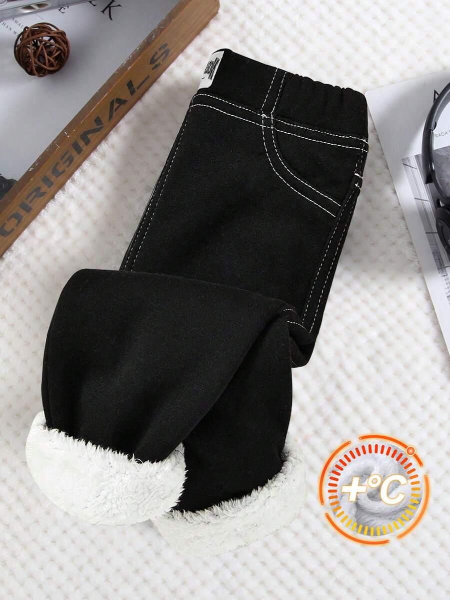 SHEIN 1 quần dài lưng thun co giãn mềm mại phong cách Hàn Quốc cho bé trai/bé gái thường ngày, thích hợp mặc hàng ngày, đi học, đi chơi, thể thao, mùa thu/đông - màu đen - Xem 1