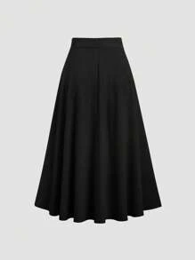 Sweetra 复古灯芯绒高腰裙，独特设计女式大摆太阳裙 - 黑色 - 查看 2