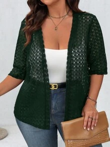 SHEIN LUNE Chaqueta delgada de punto abierta por delante de manga corta para mujer de talla grande en otoño/invierno - Verde Oscuro - Ver 4