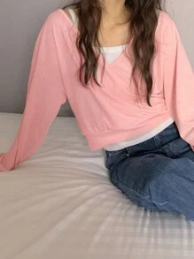 DAZY Women's Deep V-Neck Oblique Placket Loose Long Sleeve T-Shirt, Pink, Spring/Summer - Pink - View 4