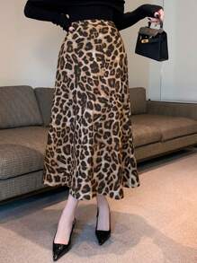 DAZY 豹纹美人鱼长裙，优雅，秋冬女装半身裙 - 棕色 - 查看 8