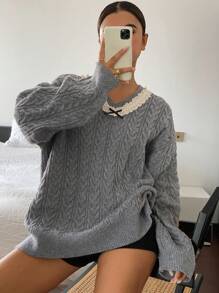 DAZY Women's V-Neck Cable Knit Lace Patchwork Warm Loose Pullover Casual Sweater Fall - Grey - View 4