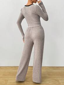 Chiquease 女式双排扣长袖上衣和口袋罗纹裤休闲套装，春/秋 - 淺灰色 - 查看 2