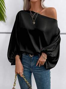 EMERY ROSE Women's Solid Color Asymmetric Collar Batwing Sleeve Loose Blouse Fall Cloth For Women