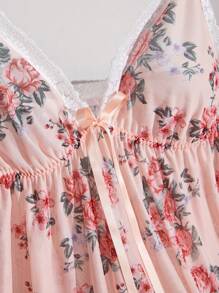 1pc Plus Size Sexy Mesh Printed Lingerie Slip Floral Print Dress