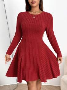 Franclia Plus Size Vrouwen Effen Kleur Ronde Hals Lange Mouw Geribbelde Korte Casual Jurk