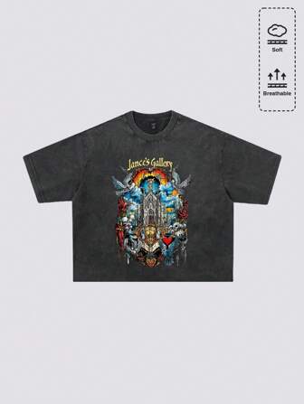 Goth T-shirt ample à manches courtes pour hommes avec impression graphique, épaules tombantes, délavé