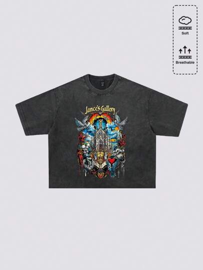 Goth T-shirt ample à manches courtes pour hommes avec impression graphique, épaules tombantes, délavé