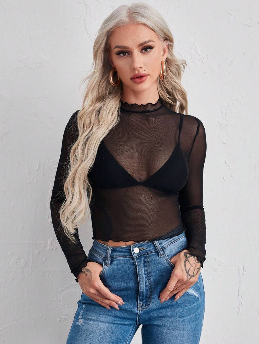 SHEIN BAE Lettuce Edge Mesh Crop Top Without Bra - Black - View 1