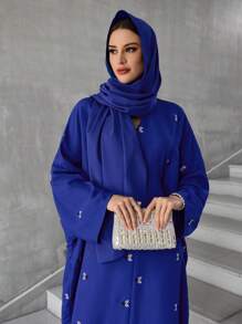 Al Najma 女士植物图案蝙蝠袖宽松长款优雅土耳其连衣裙，朴素的卡夫坦 - 藍色 - 查看 5