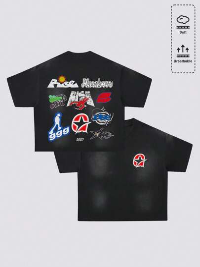 Street Life Men's Washed Spray Monkey Print T-Shirt Loose Short Version