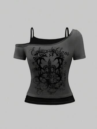 Grunge Punk Women's Gray Grunge Floral Graphic Print Drop Shoulder T-Shirt, Vintage Plant Pattern Rock Music Festival, Suitable For Easter, St. Patrick's Day