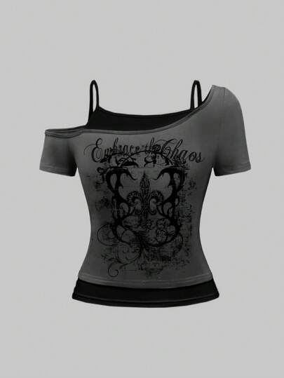 Grunge Punk Camiseta de mujer con estampado floral gris desgastado, patrón de plantas vintage para festival de música rock, adecuada para Pascua y Día de San Patricio