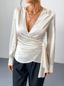 SHEIN Privé Blusa elegante y chic para uso diario, de unicolor, con escote en V, volantes y diseño de empalme, estilo moderno y elegante para mujeres, ideal para el Día de San Valentín - Albaricoque - Ver 6