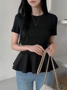 DAZY Women's Solid Color Ruffle Hem Short Sleeve T-Shirt