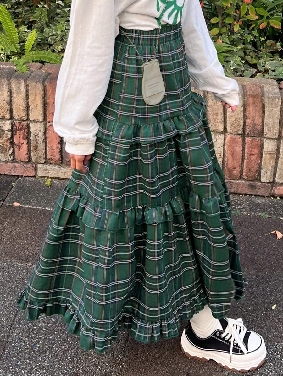 FRIFUL 女士弹力腰格子荷叶边长款休闲裙，返校季秋季服装 - 綠色 - 查看 1