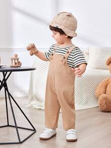 SHEIN Set de 2 piezas, camiseta de manga corta acanalada casual y versátil, y peto con orejas de animal de pana para bebé niño/niña, adecuado para primavera/verano