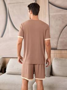 Contrast Trim Decor Button Casual Crew Neck Short Sleeve Shorts Set Pajamas For Men - Brown - View 3