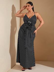 SHEIN BAE Plus Size Dresses,Black And White Polka Dot Dress,Summer 70's Elegant Party 3D Flower V-Neck Cami Dress,Bowknot Birthday Outfits,Vacation Formal Dress - Black - View 2