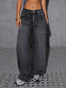 SHEIN EZwear Women Non-Stretch High Waist Wide Leg Long Jeans