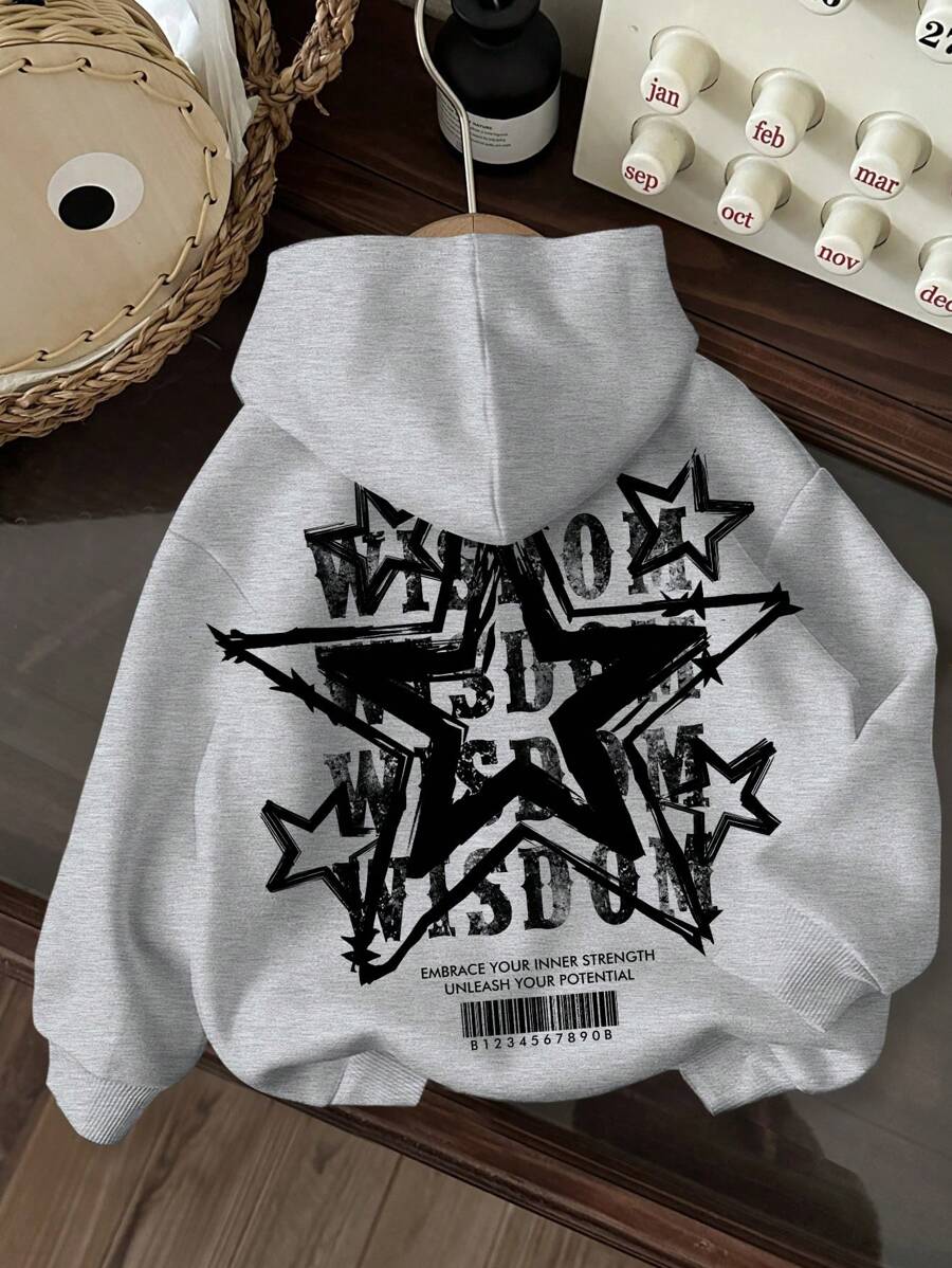 Slaydiva Casual Star Letter Barcode Graphic Drawstring Hooded Loose Fit Fleece Sweatshirt For Women, Autumn/Winter