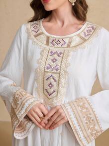Al Najma Women's Embroidered Bell Sleeve Arabic Style Dress, Arabian Dresses, Modest Kaftan - White - View 2